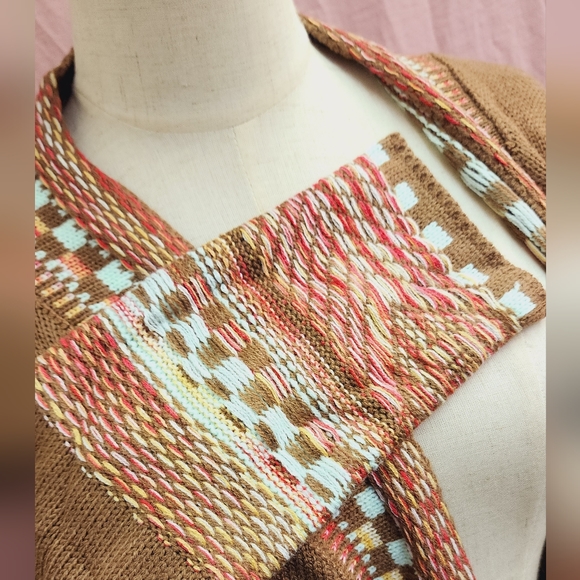 SHEIN LUNE Checkered & Geo Pattern Drop Shoulder Fringe Trim Duster Cardigan-(S) - Picture 9 of 10